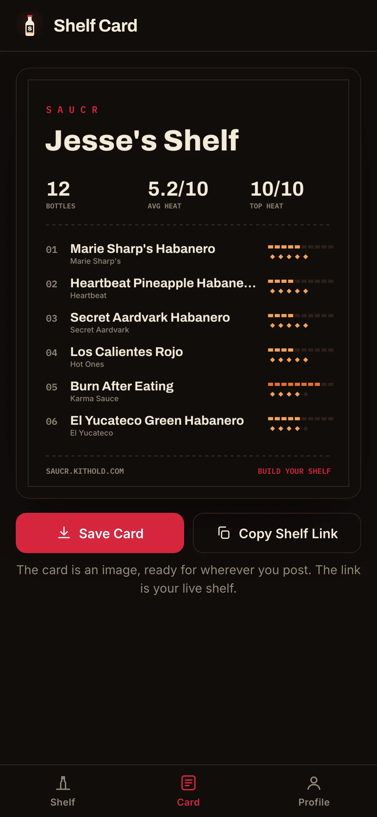 A generated shelf card showing bottle count, average heat, and top-rated sauces